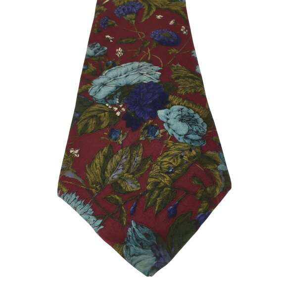 Vintage Bugatti Floral Neck Tie 100% Italian Silk Maroon Blue Flowers MadeIn USA - Picture 4 of 7